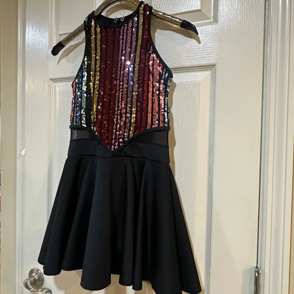 Kids Multi Color Sequin Dance Costume Dress‎ Black Skater Skirt Mesh Panel